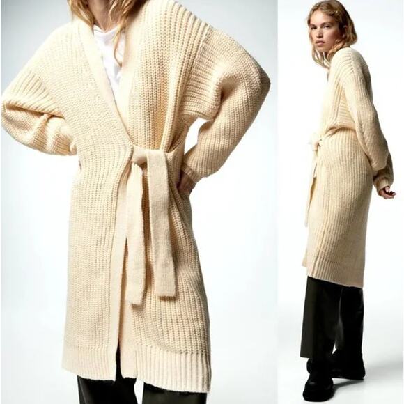 ZARA Chunky Knit Long Cardigan Wrap V-Neck Duster Sweater, Cream - Picture 1 of 16